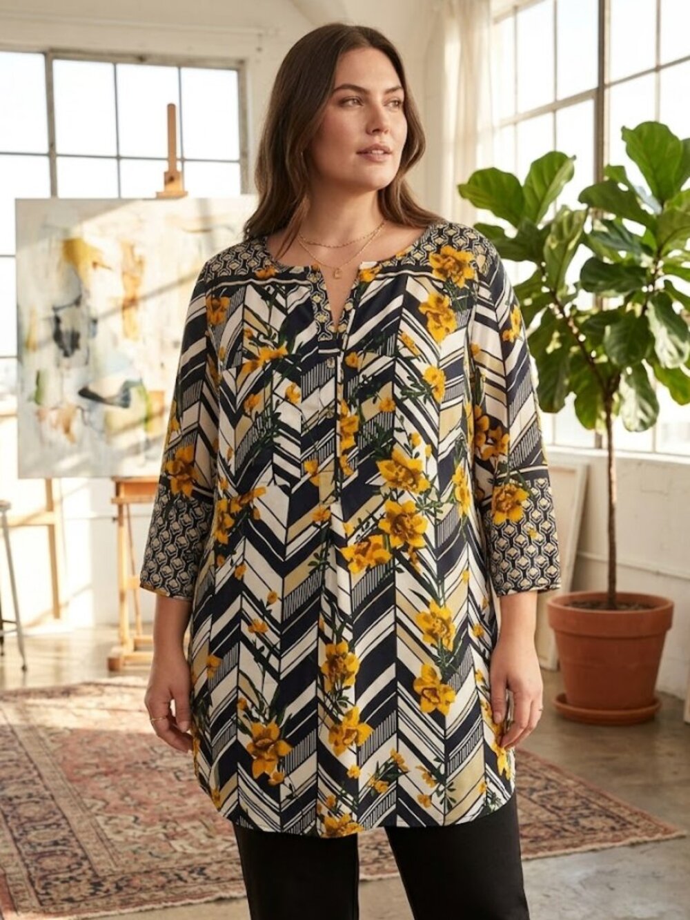 Fig and Flower Size 1X Plus Sheer Button Blouse Top Pockets Tunic Shirt Vacation